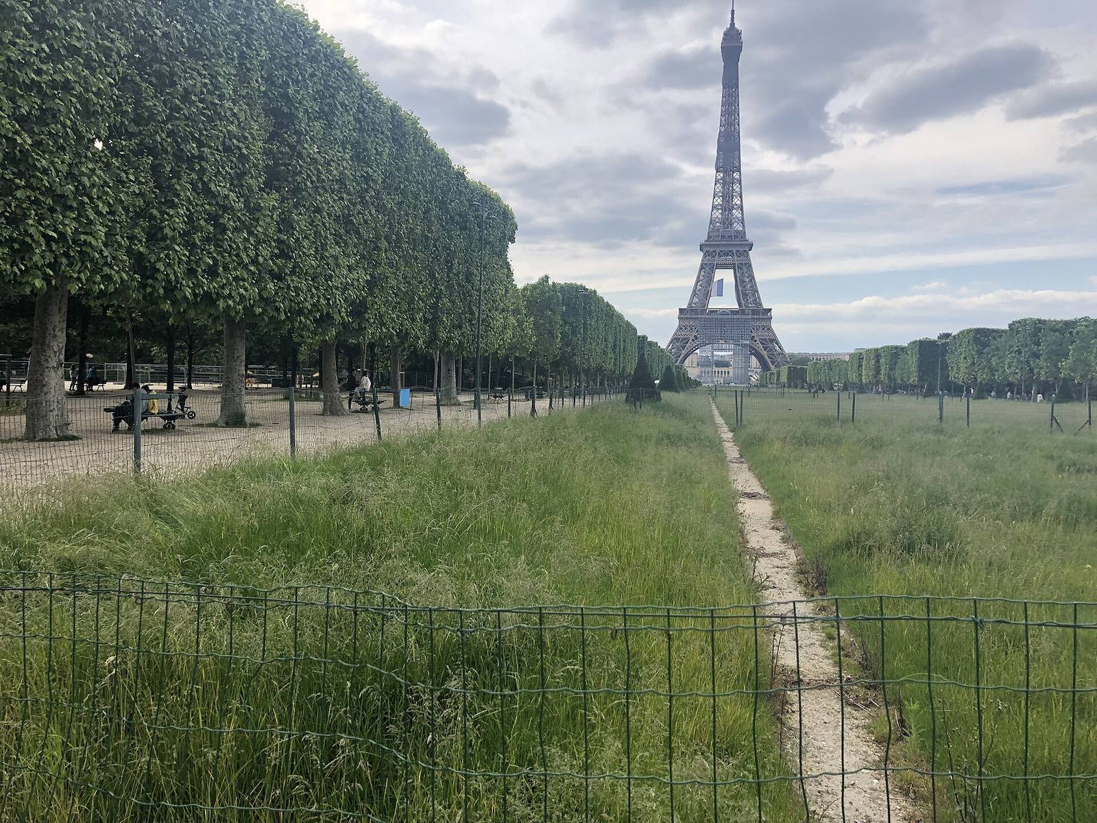 Gangsti over Champ de Mars mot Eiffeltårnet