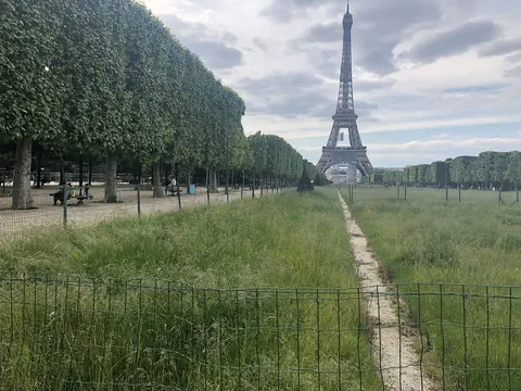 Gangsti over Champ de Mars mot Eiffeltårnet