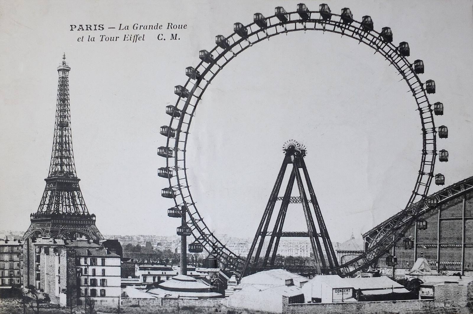 Gammelt postkort med Eiffeltårnet og pariserhjulet Grande Roue