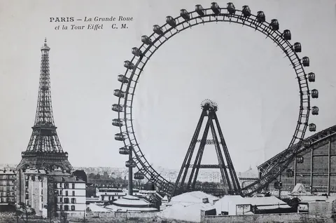 Gammelt postkort med Eiffeltårnet og pariserhjulet Grande Roue