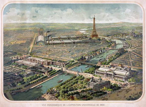Fargelagt postkort med Eiffeltårnet og verdensutstillingen i 1900